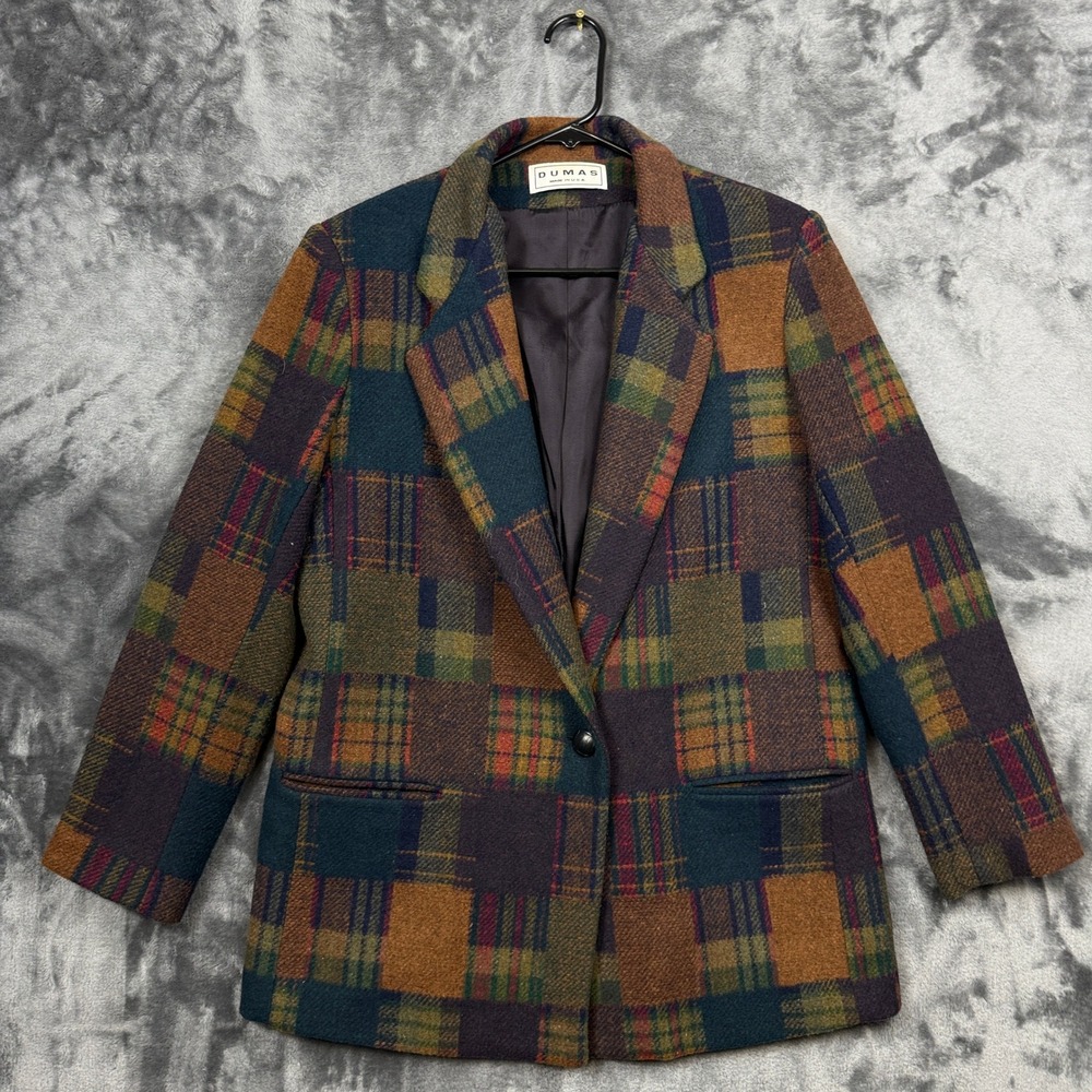 Dumas Blazer Womens 18 Multicolor Plaid Patchwork Single Button Vintage Made USA